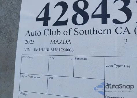 2025 Mazda 3 Preferred из США, поврежденный, VIN JM1BPBLM5S1754006